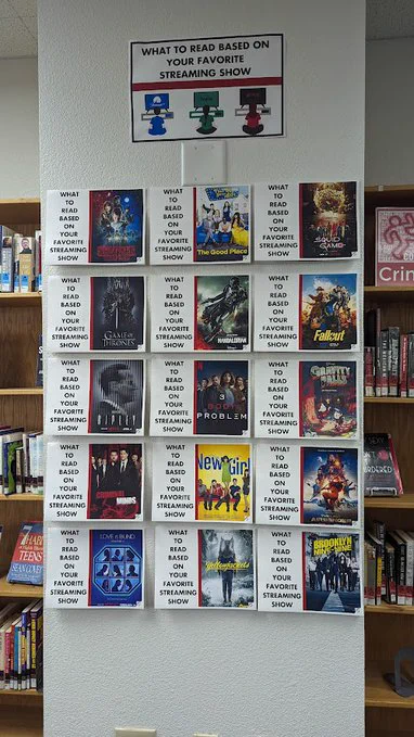 Wall display titled "What to Read Based on Your Favorite Streaming Show." Beneath is a grid of recommendations.