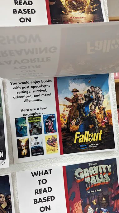 A closeup showing book recommendations similar to Fallout: "You would enjoy books with post-apocalyptic settings, survival adventure, and moral dilemmas. Here are a few examples..."