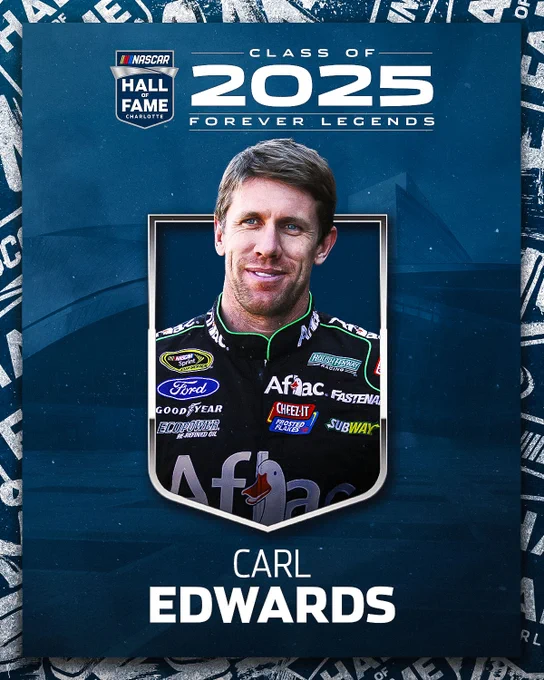 A NASCAR Hall of Fame Class of 2025 graphic featuring a portrait of Carl Edwards in a silver crest set against a royal blue background.