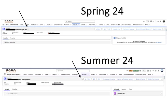 Image showing the account hire key button aligned next to the name in spring 24       along with a second image showing the account higher key button next to the other actions on the far right, which is smaller than the rest of the other buttons