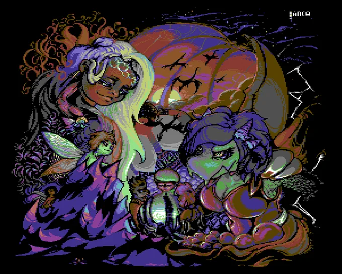 A bunch of OCs in a scene based on a bunch of story stuff that will probably never see the light of day. <3
 300x480px. originally, with double-wide pixels.
