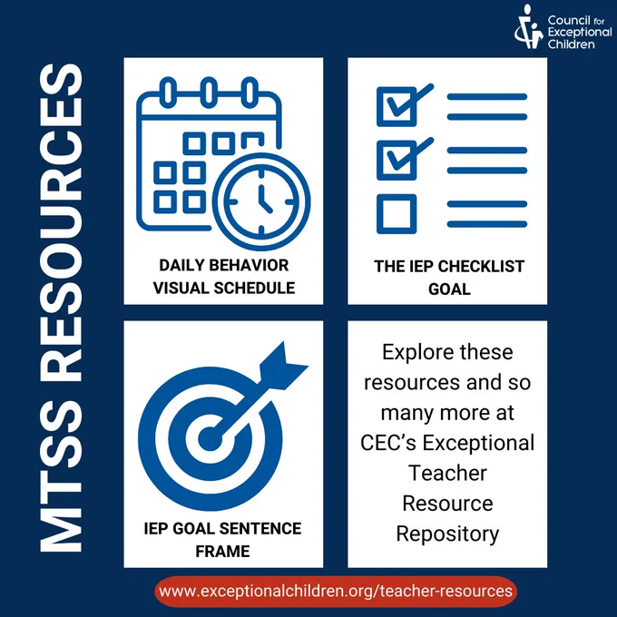 Dark blue background with four white boxes. The text reads, "MTSS Resources." The first box has a calendar and clock graphic with the words "Daily Behavior Visual Schedule." The second has a checklist icon with the text, "The IEP Checklist Goal." The third has a bullseye icon with the text, "IEP Goal Sentence Frame." The fourth box reads, "Explore these resources and so many more at CEC’s Exceptional Teacher Resource Repository"