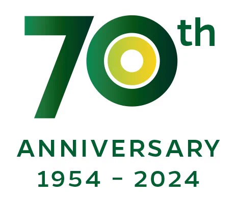 Yellow and green 70th anniversary logo 1954 - 2024