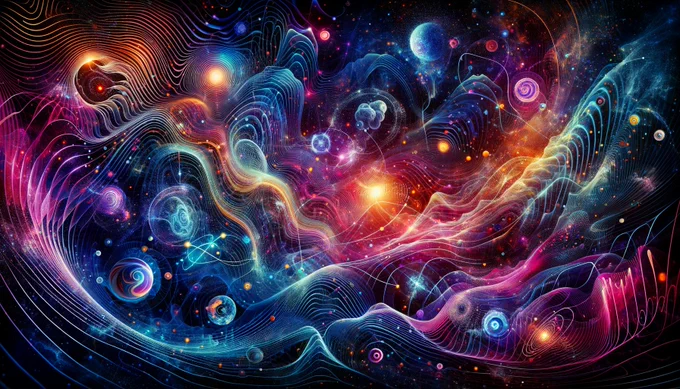 Here is the artistic visualization of the universe through frequency wave theory, depicting the interconnected waves, quantum fluctuations, cosmic inflation, wave-particle duality, dark matter, dark energy, gravitational waves, and consciousness interacting with the cosmic field. The image represents the dynamic equilibrium and interconnectedness of all phenomena with an abstract and scientific aesthetic.