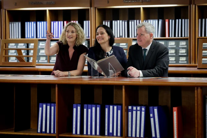 The image shows Minister Catherine Martin and Minister Kieran O’Donnell (with National Archives Director Orlaith McBride) at the announcement of an ambitious redevelopment of the National Archives of Ireland.