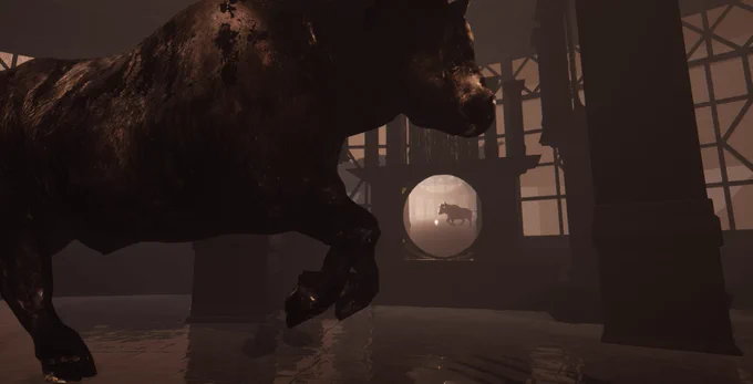 A powerful buffalo is in the foreground. A strange mirror is reflection a light source and the buffalo in the distance at sunset. The surrounding temple consists of black pillars and black marble.