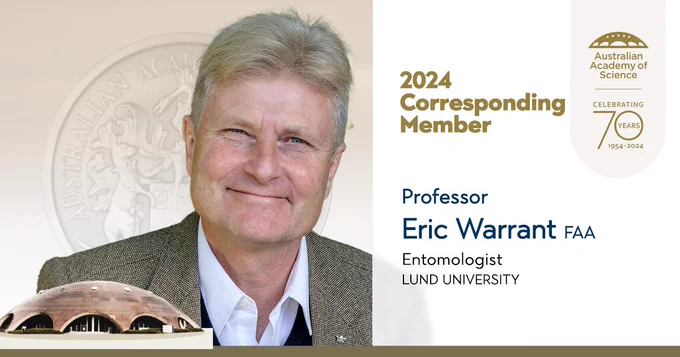 A promotional banner, showing a white man in an open collared shirt and a dome-shaped building in the foreground. A heading reads 2024 Corresponding member, Professor Eric Warrant  FAA, functional zoologist, Lund University, corresponding member. The logo of the Australian Academy of Science is also shown. 