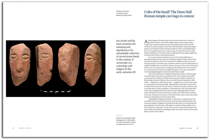 Screenshot of double page spread. Red sandstone head carving on black background from four angles.