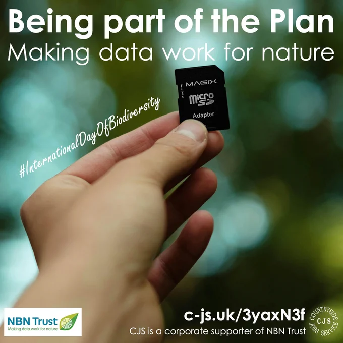 a hand holding an SD data card between fingers and thumb. Text reads: Being part of the plan - making data work for nature