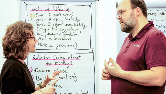 Two of our trainers during one of our lab leadership courses with flipcharts in the background. 