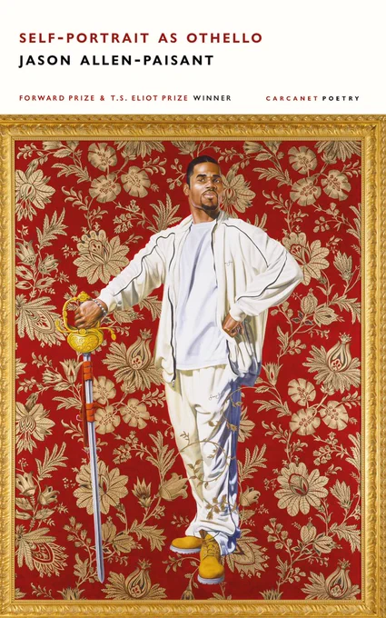 Book jacket with identifying text on top and Kehinde Wiley's 2006 painting, Willem van Heythuysen, below. The painting shows a regally posed young man in a tracksuit and work boots holding a downward pointing, ornate sword. He stands against a lush red and gold floral background. The painting is surrounded by an ornate gold frame.  