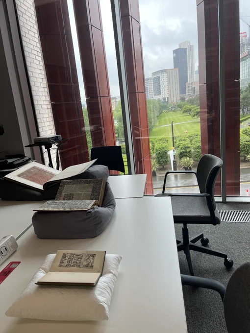 Rare books resting on protective pillows
