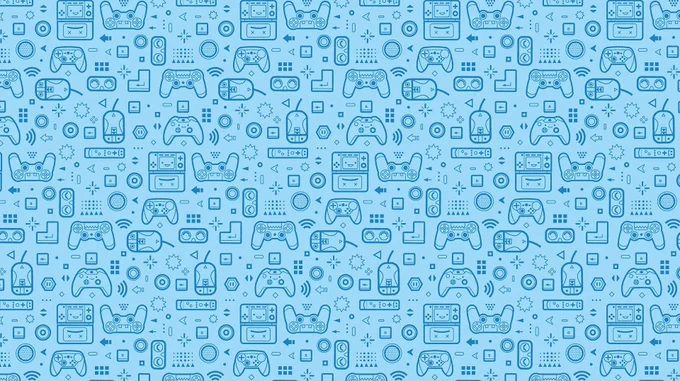 Gamer Network artwork showing a variety of game controllers and other games devices - mice, keyboard keys, buttons.
