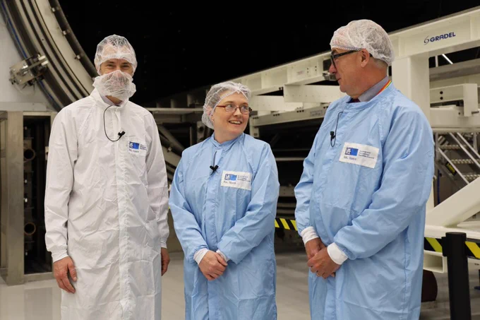UKSA CEO Paul Bate, RAL Space Director Sarah Beardsley, and STFC Exec Chair Mark Thomson inside the NSTF