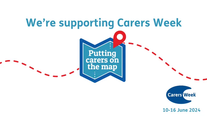 Blue map outline. Text reads: We're supporting Carers Week. Putting carers on the map. Carers Week 10-16 June