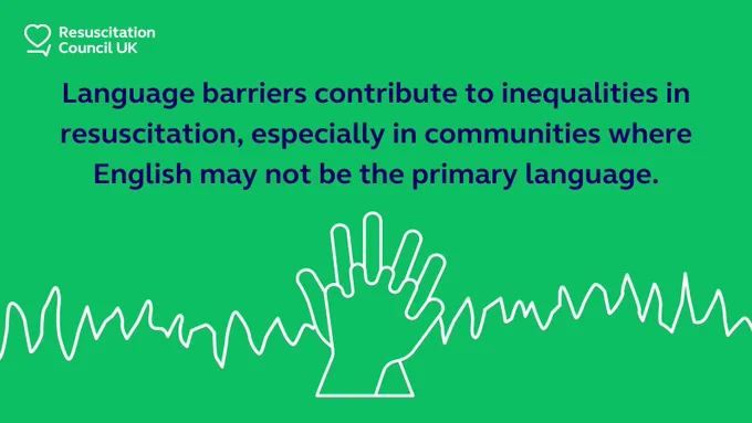 Graphic with text reading "Language barriers contribute to inequalities in resuscitation, especially in communities where English may not be the primary language."