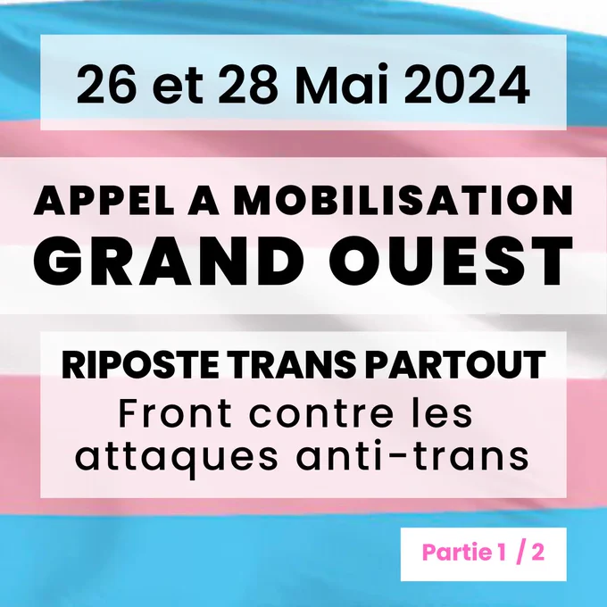 APPEL GRAND OUEST DES 26 et 28 MAI
RIPOSTE TRANS PARTOUT
Front contre les attaques anti-trans