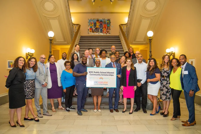NYC Public Schools Chancellor David C. Banks joins First Deputy Mayor Sheena Wright (P.S. 90 Alum), Gray Foundation Chief Executive Officer Dana Zucker, and NYC Kids RISE Founding Executive Director Debra-Ellen Glickstein for an announcement about NYC Public School Alumni Community Scholarships. 