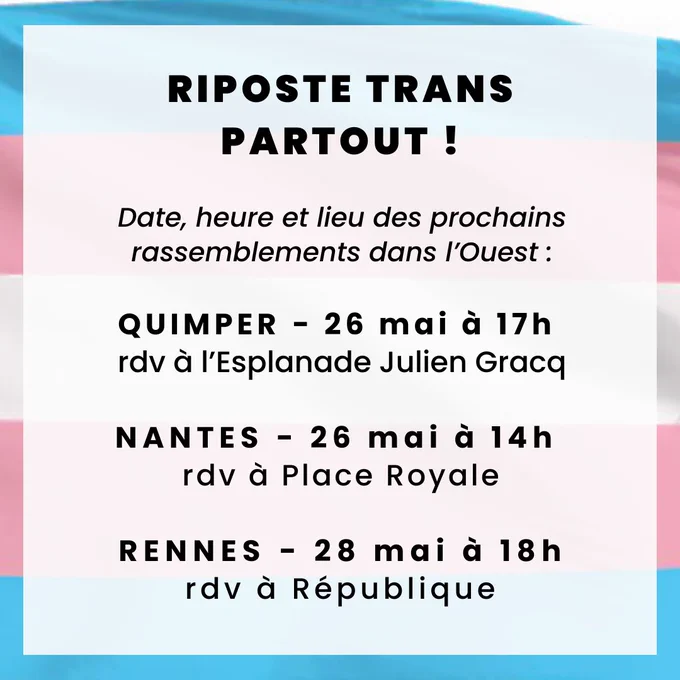 RIPOSTE TRANS PARTOUT !

 Date, heure et lieu des rassemblements :
    - Nantes, le 26 mai, à 14h, place Royale
    - Rennes, le 28 mai à 18h, République
    - Quimper, le 26 mai, 17h, esplanade Julien Gracq

