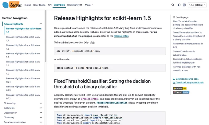 Screenshot of the scikit-learn.org website page for the release hightlights (also linked in the thread below).