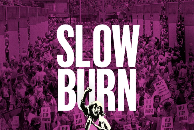 Slow Burn cover art: a powerful image of a street protest with signs like "Help Stop Briggs" and "No! On the Briggs Initiative" with an activist in the center under the "Slow Burn" artwork with their fist in the air. 