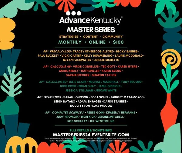 Flyer for AdvanceKentucky Master Series PD Sessions listing speakers. Details at MasterSeries24.EventBrite.com