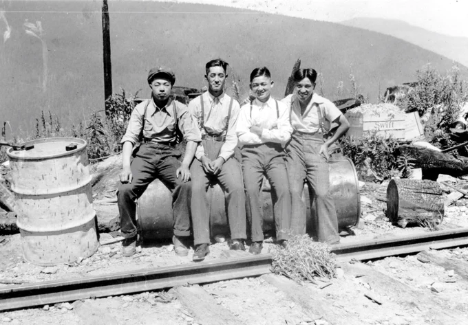 Japanese Canadian workers employed by the Mayo Brothers Timber Company in Paldi, British Columbia. The company was started by a South Asian immigrant, Mayo Singh. Nikkei National Museum & Cultural Centre 2010.18.64.