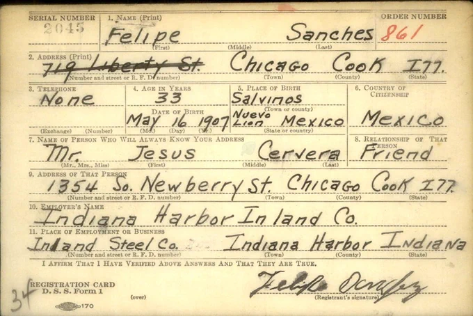 Color scan of a draft card for "Felipe Sanches" from 1941.