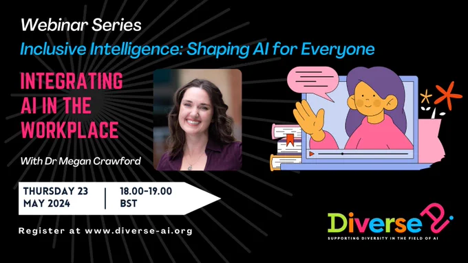 Graphic advertising webinar with a photo of the speaker (woman with long brown wavy hair) and text in various colours on a black background