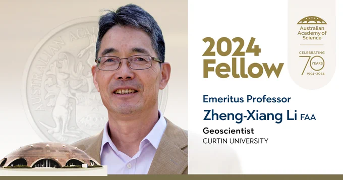 An image featuring Emeritus Professor Zheng-Xiang Li, a geoscientist from Curtin University, who has been recognized as a 2024 Fellow by the Australian Academy of Science, celebrating 70 years. The professor is pictured in front of a subtle representation of the Academy's logo.