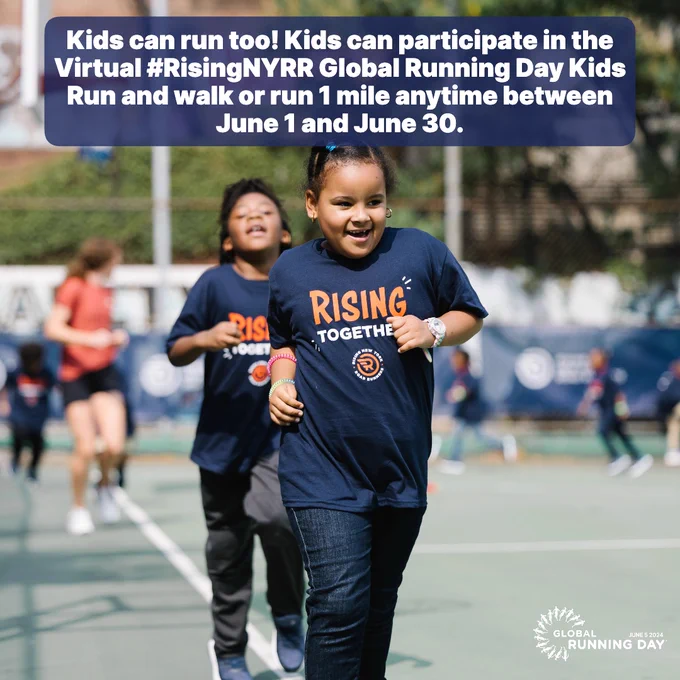 A photo of a Rising NYRR athlete with text that reads: "Kids can run too! Kids can participate in the Virtual #RisingNYRR Global Running Day Kids Run and walk or run 1 mile anytime between June 1 and June 30."