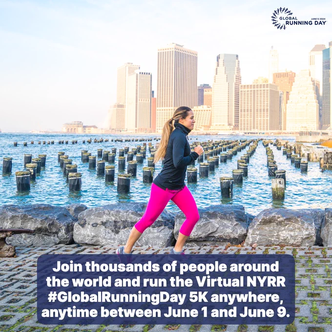A photo of a runner with text that reads: "Join thousands of people around the world and run the Virtual NYRR #GlobalRunningDay 5K anywhere, anytime between June 1 and June 9."