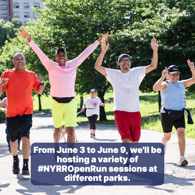 A photo of runners smiling with text that reads: "From June 3 to June 9, we'll be hosting a variety of #NYRROpenRun sessions at different parks."