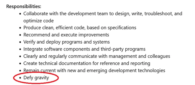 a list of "responsibilities," the last one circled is "defy gravity"