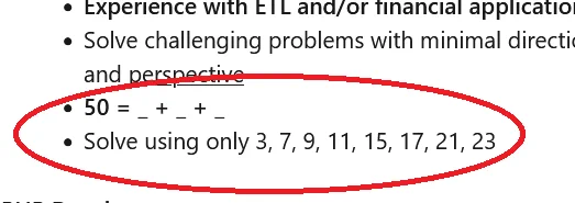 50 = _   _   _
Solve using only 3, 7, 9, 11, 15, 17, 21, 23