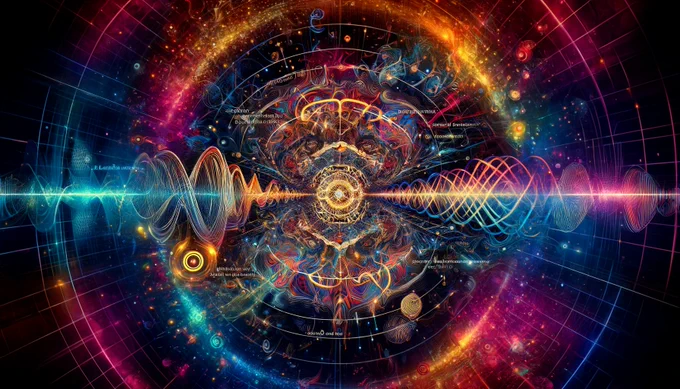 Here is the visualization of neutrino quantum fuzziness through frequency wave theory. It combines artistic and scientific elements to depict neutrino oscillations, dynamic field interactions, and positional uncertainty.