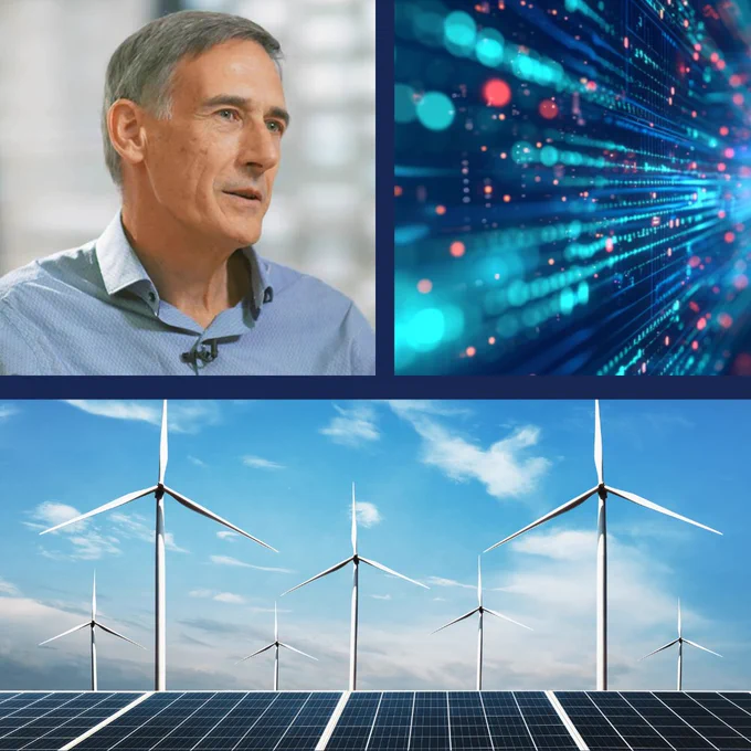 (Top right) Frank Zeichner, (top left) image of data, (bottom) wind farm and solar panels. 