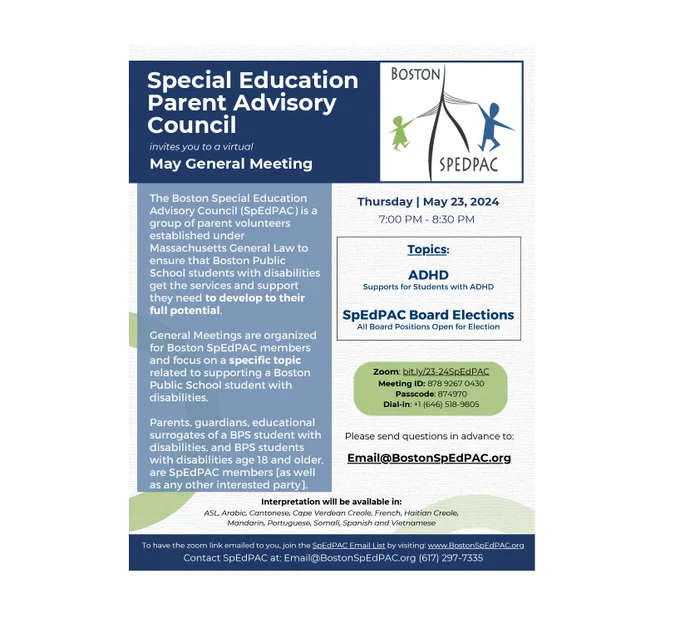 SpEdPAC elections and Zoom mtg on ADHD 5/23 at 7p