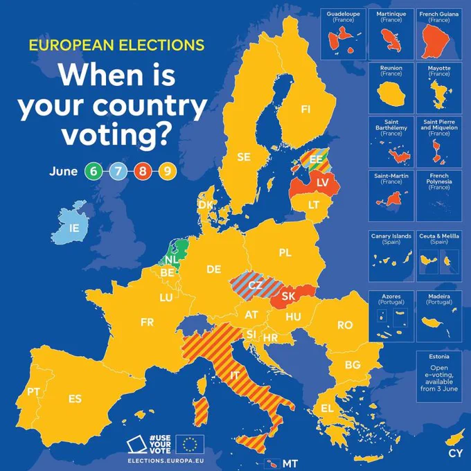 Map of Europe showing the different dates on which citizens of EU countries will be called to vote:
 
6 June: The Netherlands, Estonia
7 June: Ireland, Estonia, Czechia
8 June: Latvia, Estonia, Slovakia, Czechia, Italy, Malta, France
9 June: Portugal, Spain, France, Luxembourg, Belgium, Italy, Germany, Denmark, Sweden, Finland, Estonia, Lithuania, Poland, Austria, Slovenia, Hungary, Croatia, Romania, Bulgaria, Greece, Cyprus