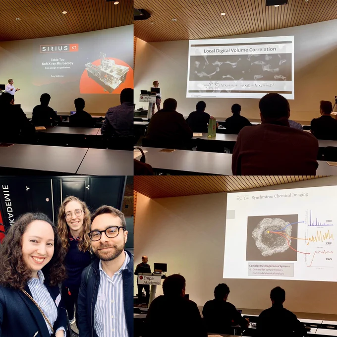 Top left: CEO Tony McEnroe presenting SiriusXT and Soft X-ray Microscopy
Top right: Dr. Tessa Nogatz from the Rheinland-Pfälzische Technische Universität giving a talk about the estimation of motion vector fields 
Bottom left: Our imaging experts Dr. Vera Kissling (EM team leader), MSc Stephanie Eitner (EM expert) and Dr. Davide Bottone (Image analysis expert) from Empa
Bottom right: Dr. Dario Ferreira Sanchez from PSI presenting X-ray based chemical imaging