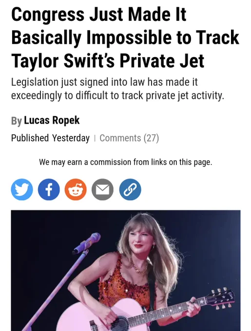 A Gizmodo headline that reads "Congress just made it basically impossible to track Taylor Swift's private jet"