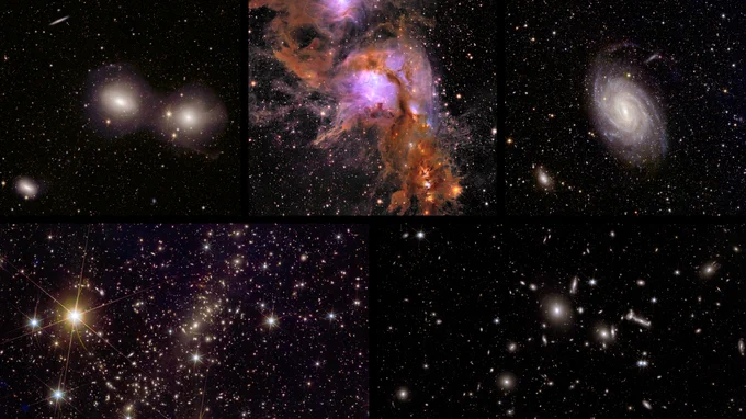 Composite image of five astronomical views. Three are placed at the top, two at the bottom. All are dotted with stars and galaxies against a black background. Striking features are three bright glowing structures in the first image. The second image has an orange veil-like structure spanning across. In the third we see a stunning spiral galaxy with many arms. The fourth image features light from galaxies lying behind a bright cluster distorted into arcs. And the fifth image shows a variety of galaxies in all shapes and sizes.