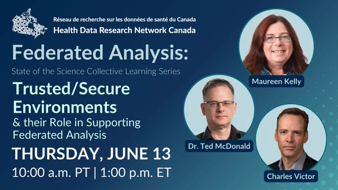 Maureen Kelly, a white woman with brown hair and glasses. Dr. Ted McDonald, a white man with short dark hair and glasses. Charles Victor, a white man with short dark hair. Text reads: Federated Analysis: Trusted/Secure Environments. June 13. 10:00 a.m. PT. Health Data Research Network Canada logo at top.