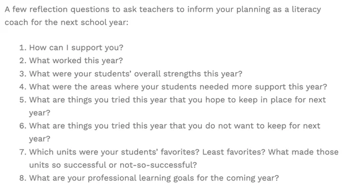 A screenshot from the linked article featuring 8 reflection questions leaders can ask educators at the end of the school year.
