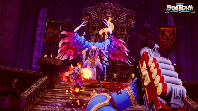 Boltgun screenshot showing Malum Caedo shooting at 2 enemies stood at the top of some stairs