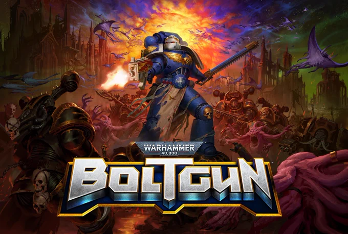 Boltgun key art , text reads Warhammer 40,000 Boltgun