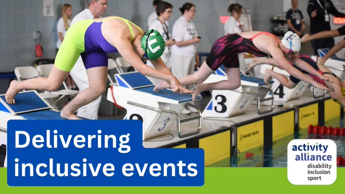 The graphic shows an image of a swimming event. A row of female swimmers are diving into the pool. There is a row of timekeepers behind them. The graphic also displays the text: Delivering inclusive events.