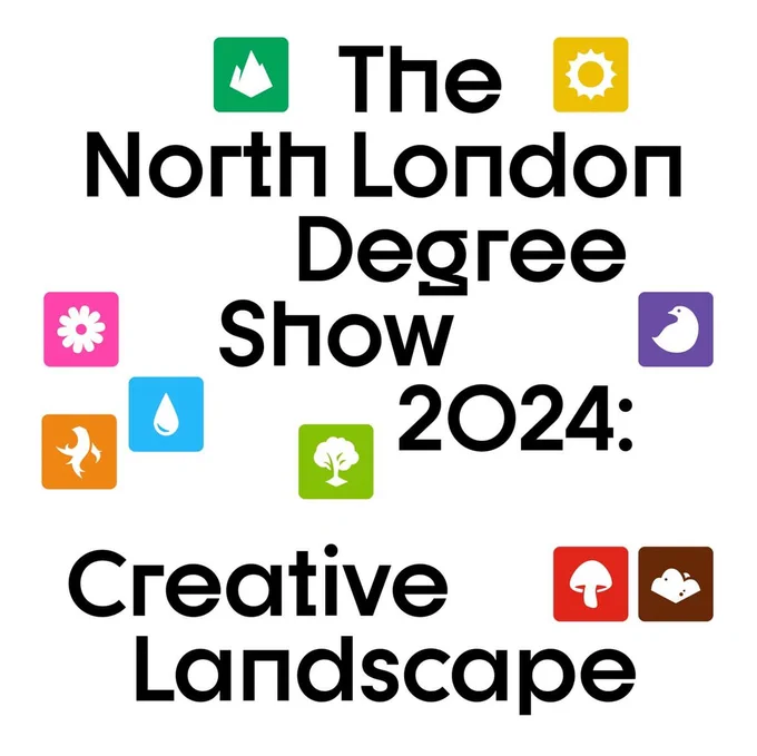 Logo for "The North London Degree Show 2024: Creative Landscape" featuring nine square icons in a grid pattern with symbols of a mountain, sun, flower, camera, water drop, fire, tree, paintbrush, and footprint, in a simple and colorful design.
