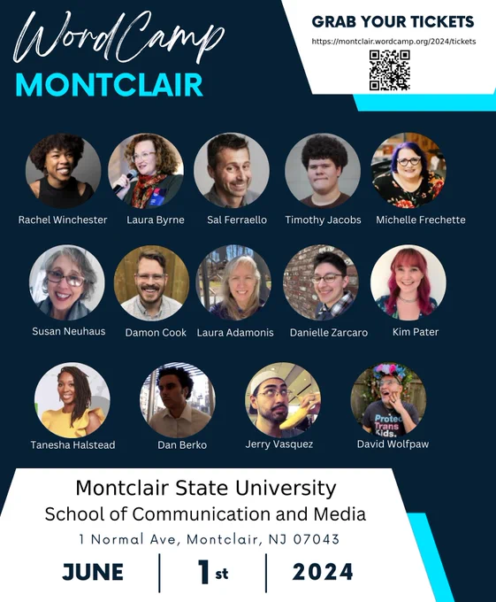 An image showing the people that are presenting at WordCamp Montclair with a link to buy tickets.