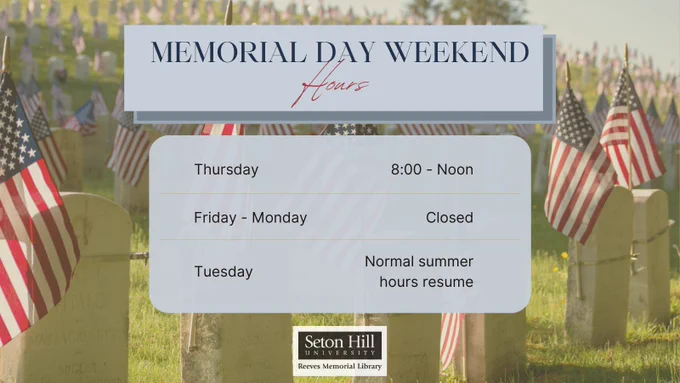 Weekend library hours in front of a photo of military grave markers with American flags